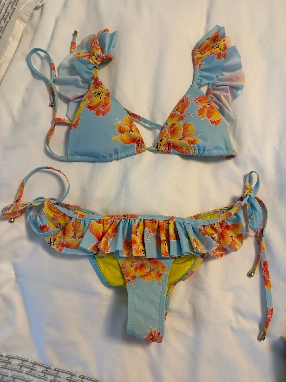 Floral Ruffle Triangle Bikini Top and Tie-Side Bottom - Light Blue